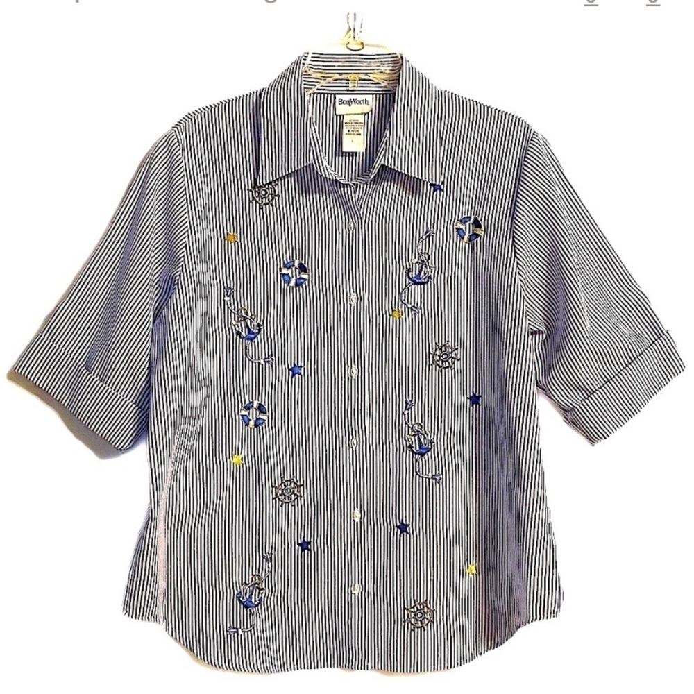 Retro Breezy Blouse Button 3/4 Sleeve Nautical Motif Beachy White Blue Stripe 2P